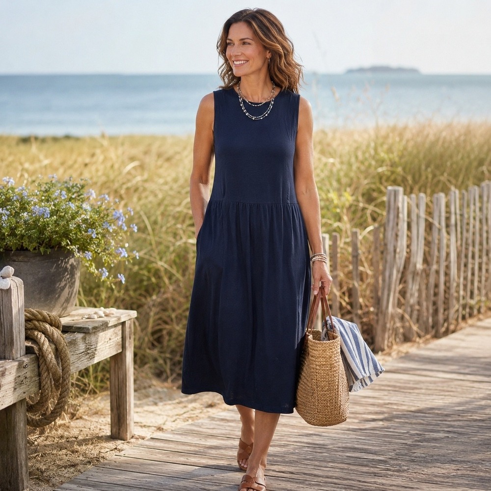 J. Jill Navy Blue Sleeveless Empire Waist Midi Dress Large Pockets Soft Coastal